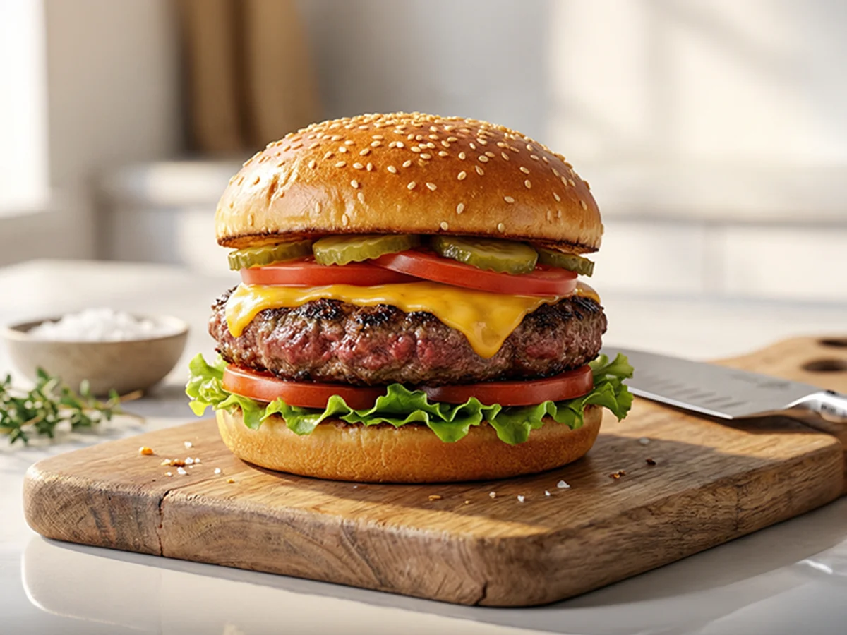 Gezond broodje hamburger met rundvlees sla tomaat kaas en augurk op houten plank