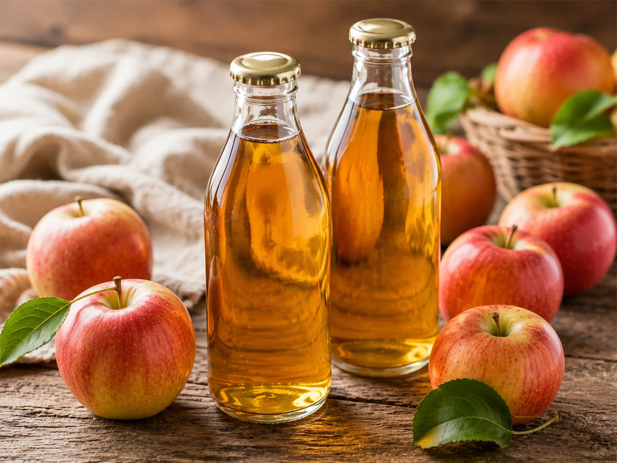 Troebele biologische appelazijn in een glazen fles