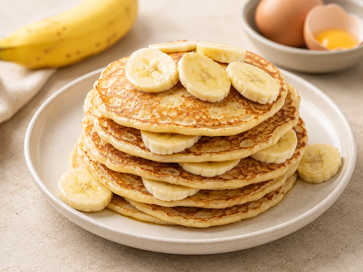 Banaan ei pannenkoek met 2 ingrediënten, geserveerd met plakjes banaan op een stapel goudbruin gebakken pannenkoekjes.