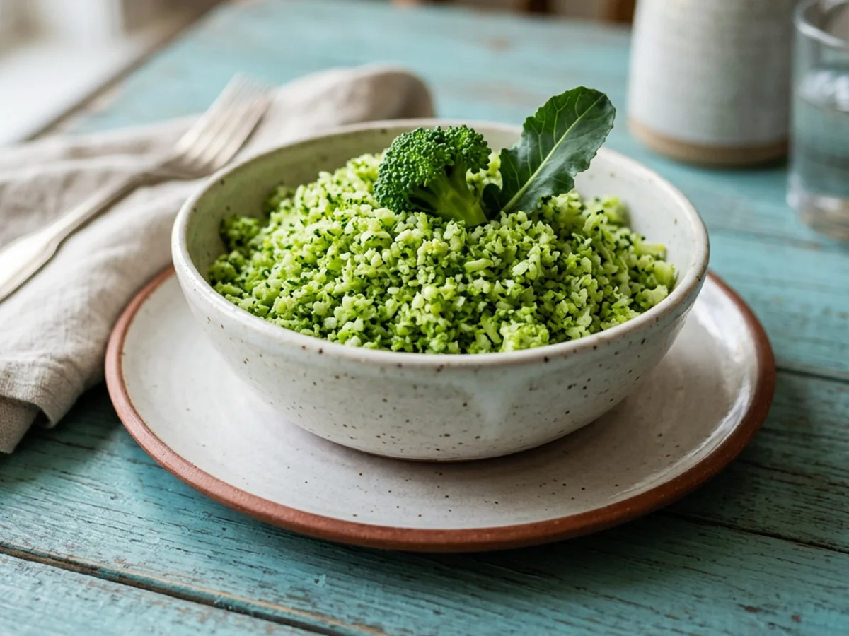 Broccolirijst in een kom met verse broccoliroosjes
