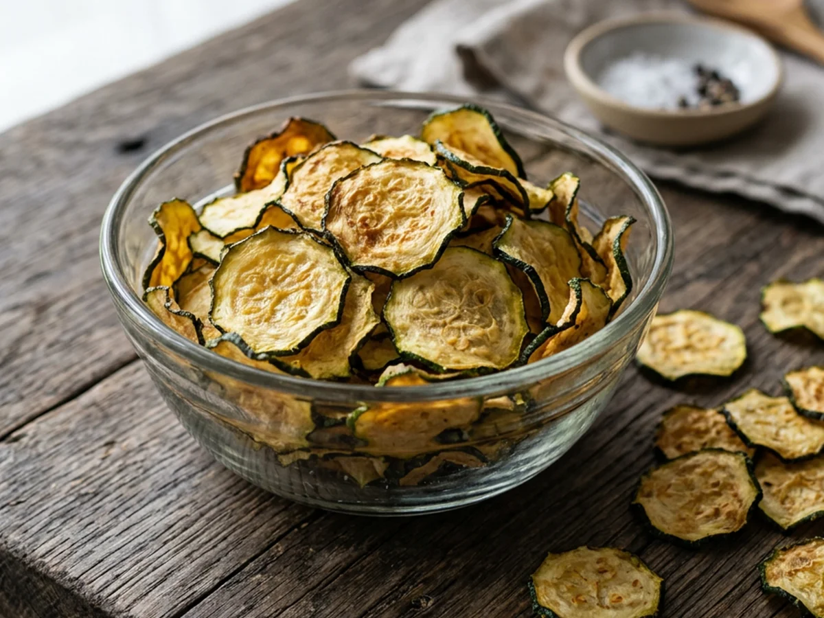 Krokante courgette chips in een glazen kom