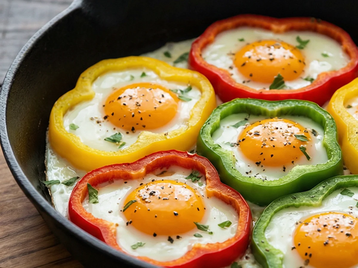 gevulde paprika met ei uit de airfryer in kleurrijke paprika ringen