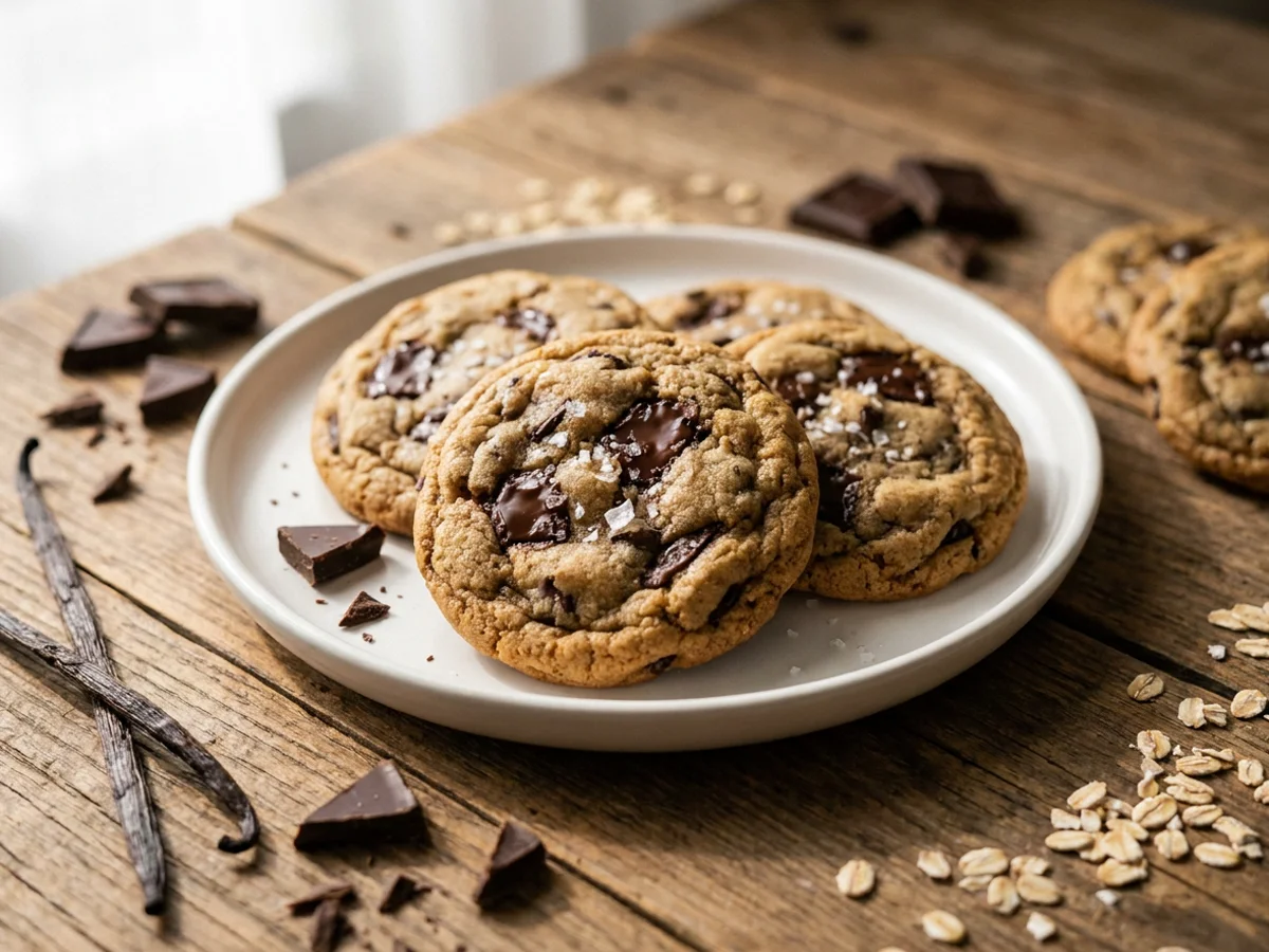Gezonde chocolate chip cookies met pure chocolade op een wit bord