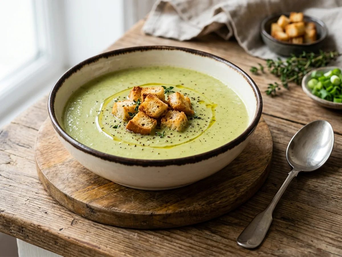 Romige cougettesoep met croutons en verse kruiden