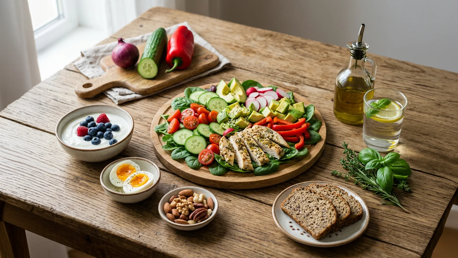 Verschillende koolhydraatarme gerechten voor ontbijt, lunch en avondeten