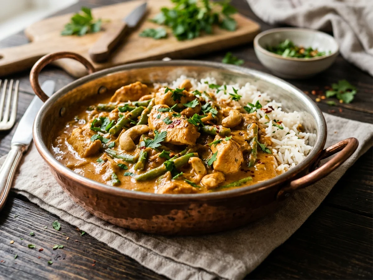 Madras curry met kip, sperziebonen, cashewnoten en rijst