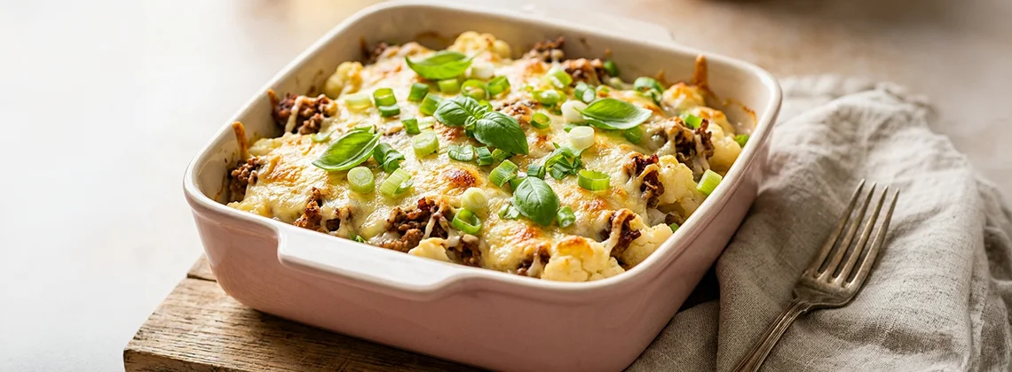 Koolhydraatarme ovenschotel met gehakt, bloemkool, gesmolten kaas, basilicum en lente-ui