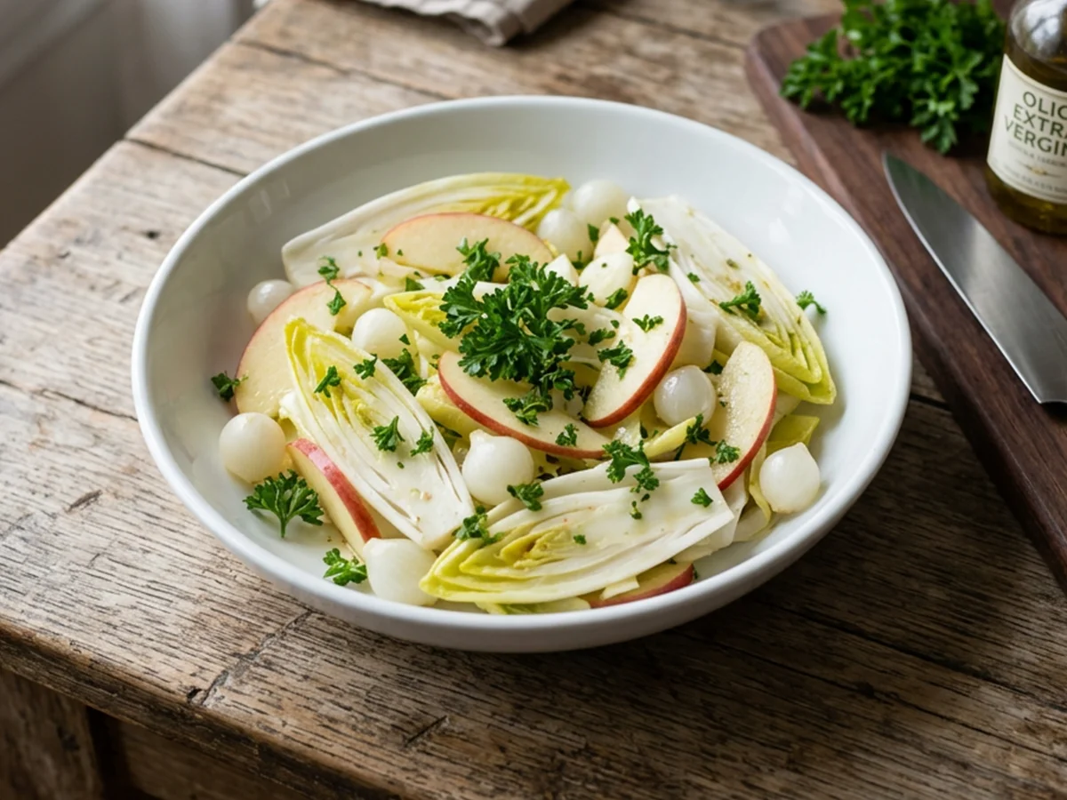 Witlofsalade met appel, zilveruitjes en verse peterselie