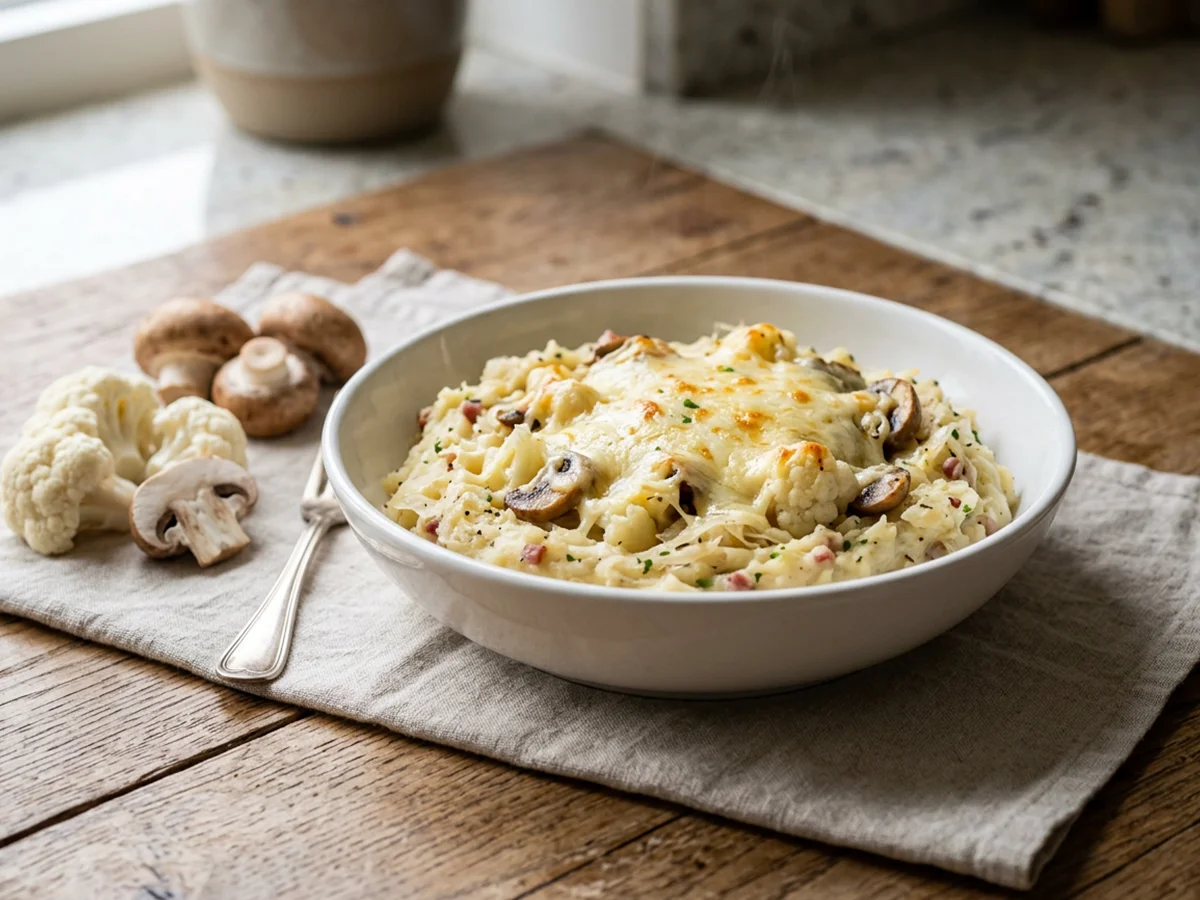 Koolhydraatarme zuurkoolschotel met bloemkoolpuree, champignons, chorizo en gegratineerde kaas