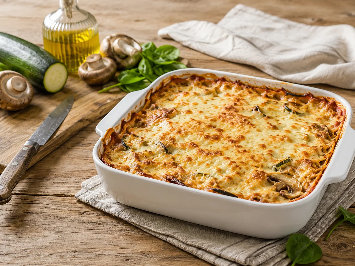 Lasagne met courgette, champignons en cottage cheese uit de oven