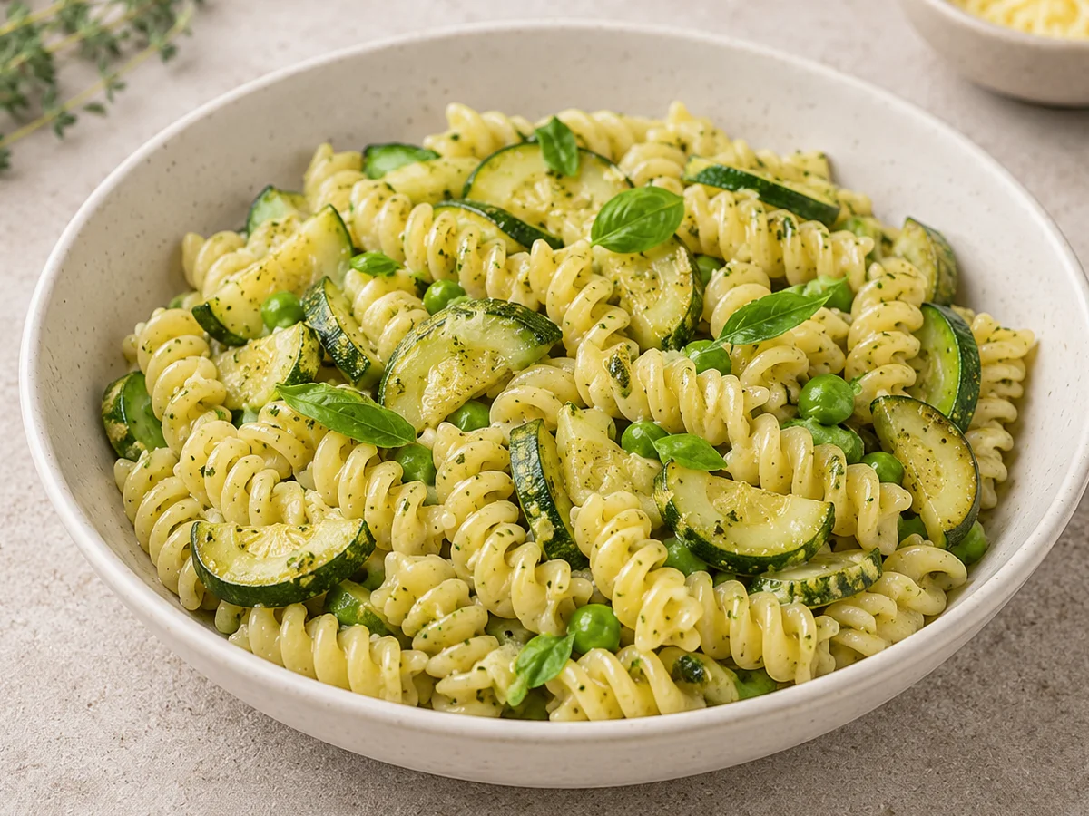 Pasta pesto met fusilli, courgette, doperwten en verse basilicum in een kom