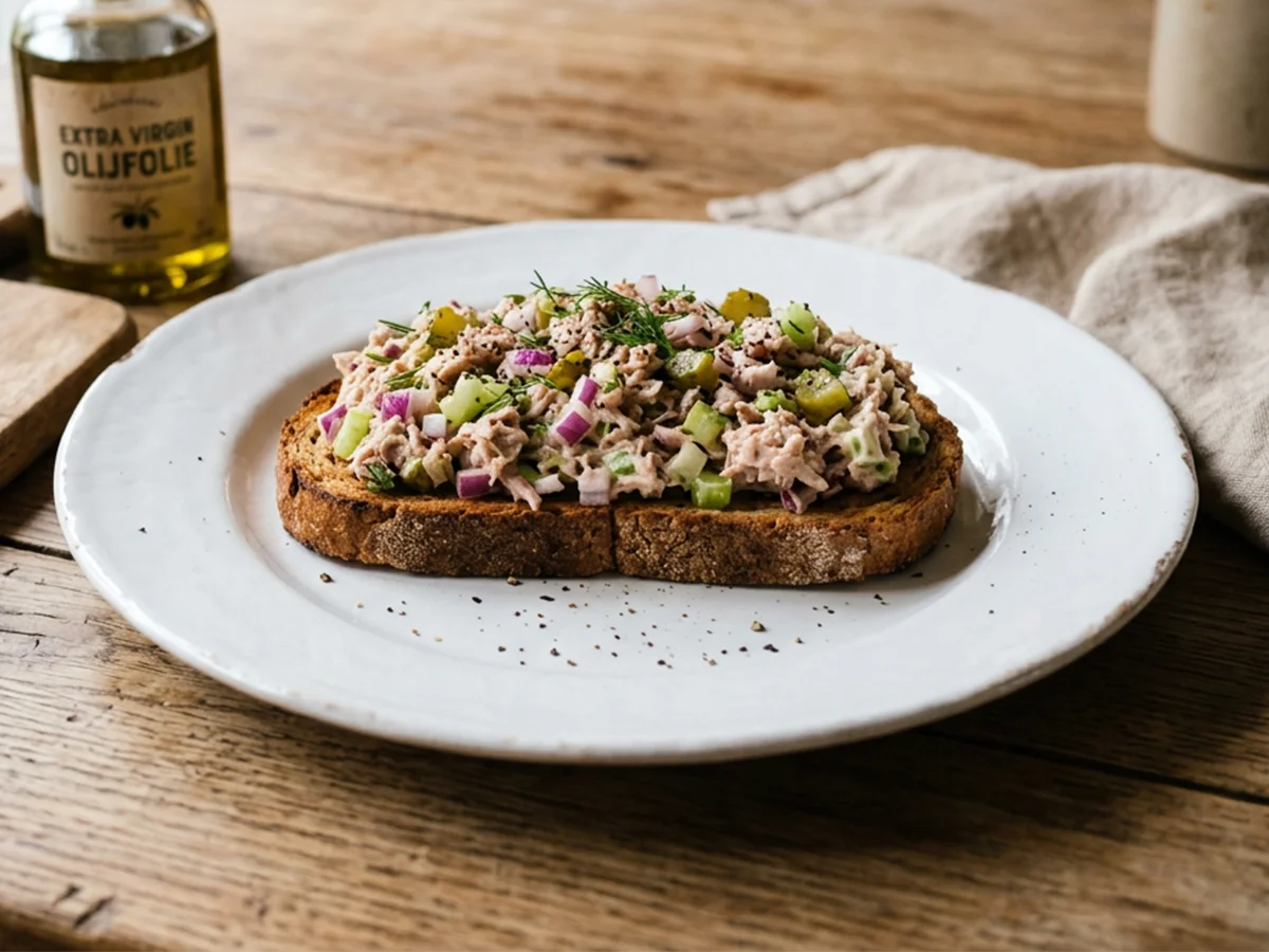 Tonijnsalade op volkorenbrood met komkommer, rode ui en dille