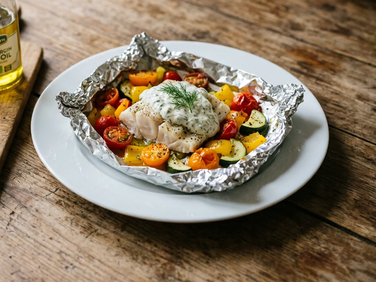 Vispakketje met kabeljauw, courgette, paprika en cherrytomaten uit de oven